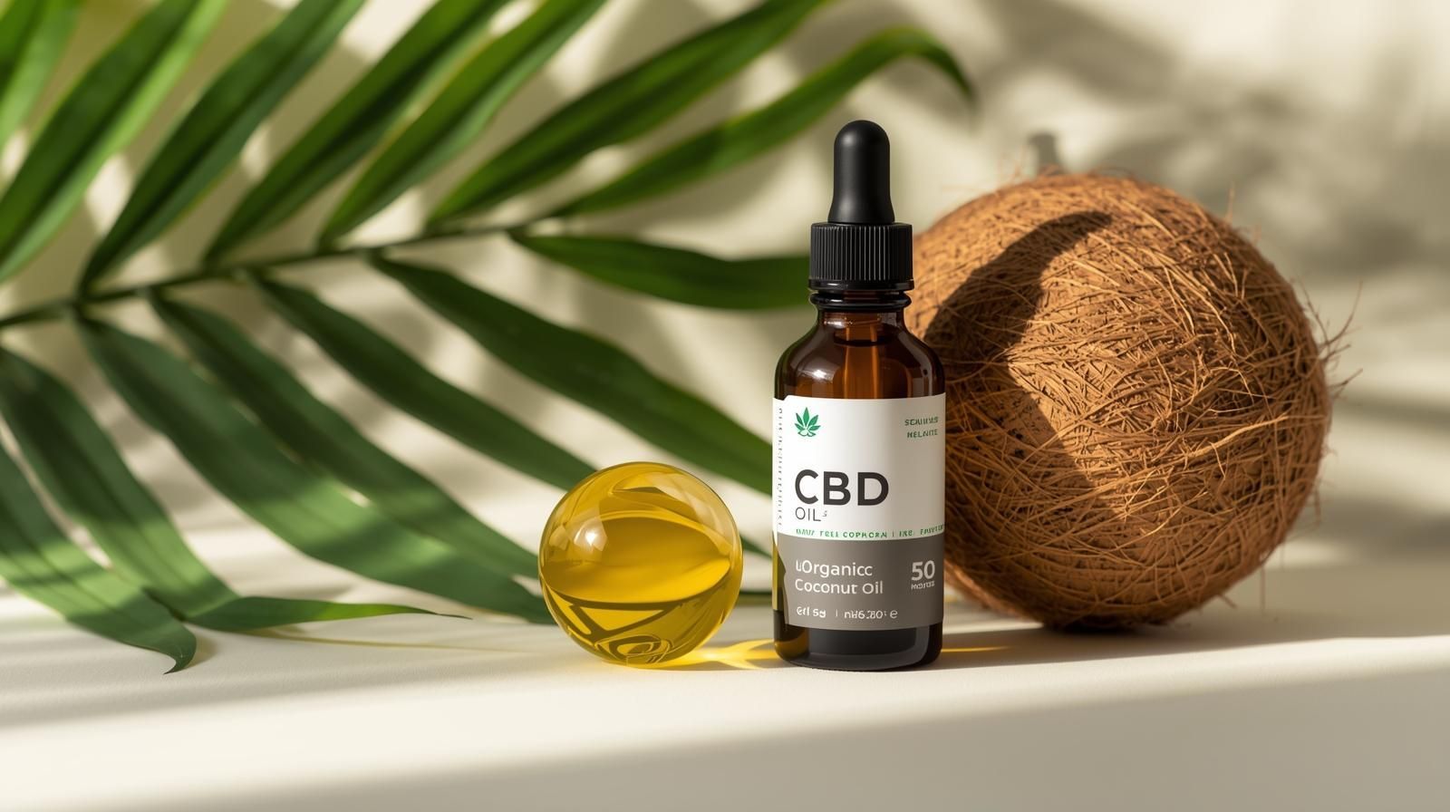 ein cb öl neben einer kokosnuss und einer kapsel im hintergrund ein pflanzenblatt