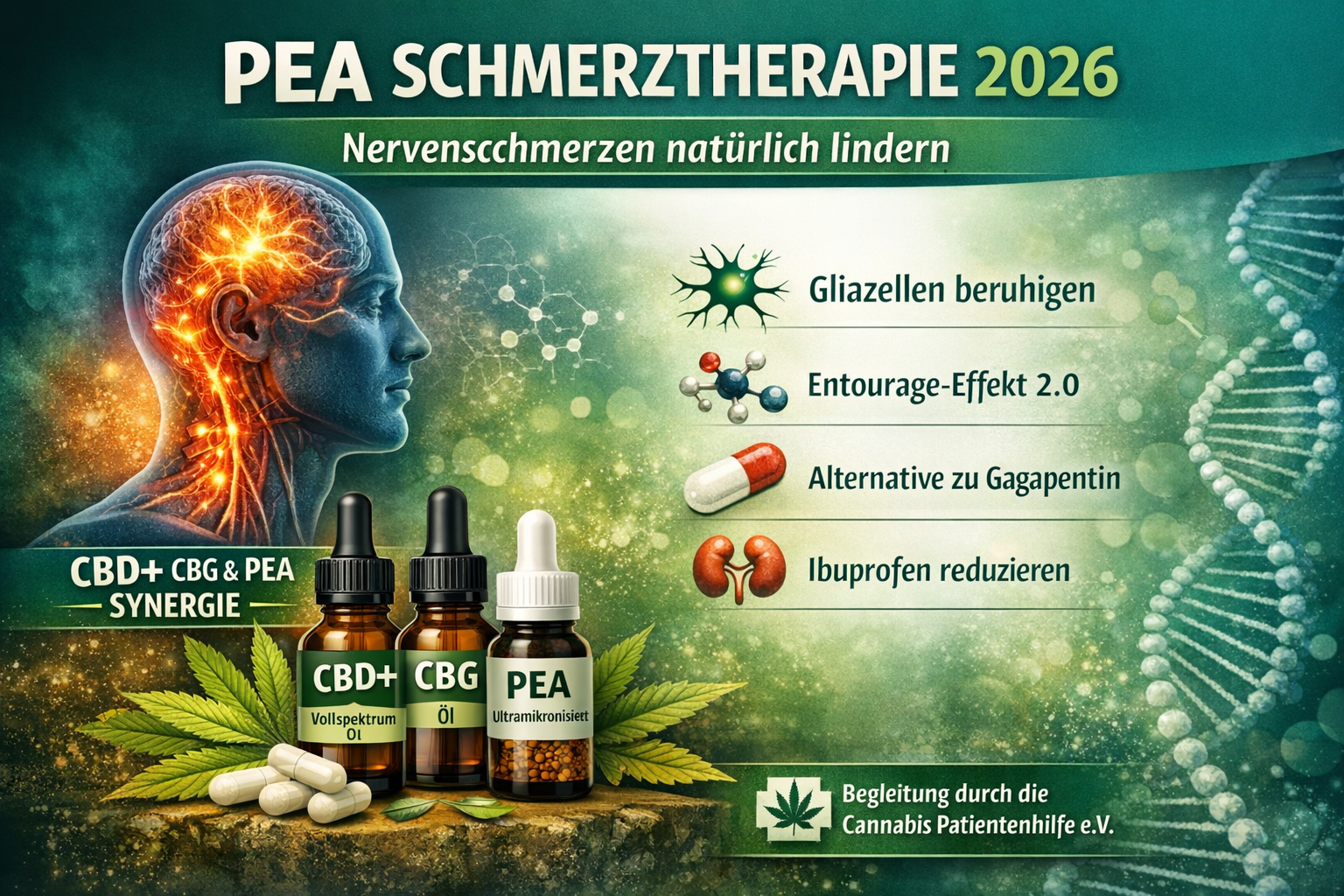 PEA Schmerztherapie 2026: Darstellung der Synergie von CBD+, CBG und Palmitoylethanolamid zur natürlichen Unterstützung bei Nervenschmerzen und chronischen Entzündungen.