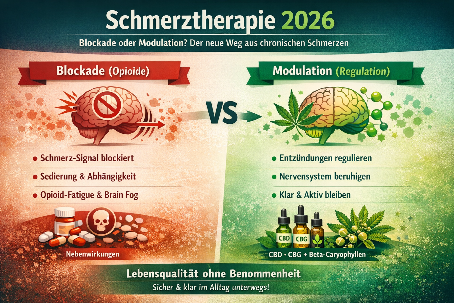 Schmerztherapie 2026 Infografik – Opioid-Blockade vs. Non-Opioid-Modulation mit CBD und CBG bei chronischen Schmerzen.
