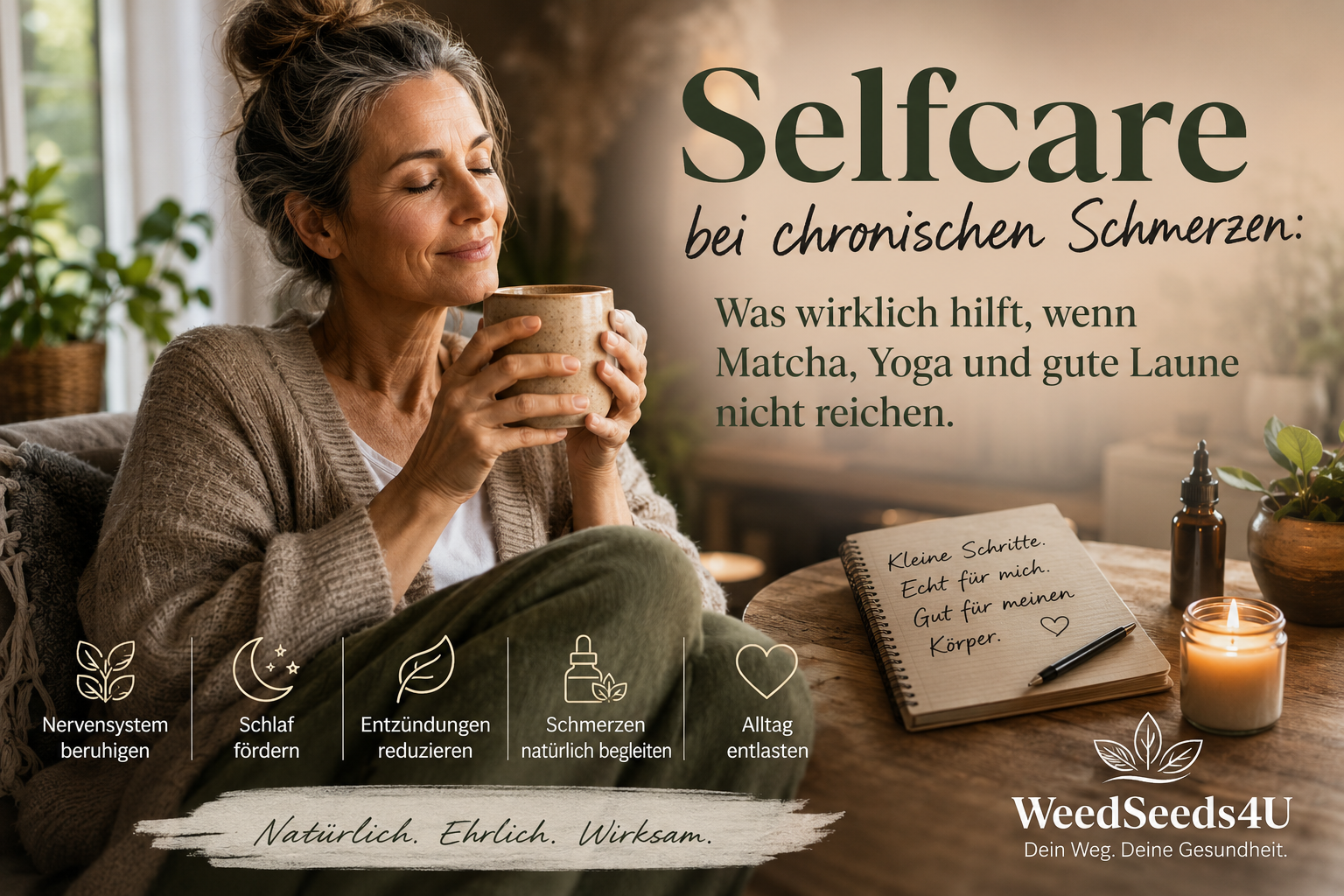 Frau mit Tasse in ruhiger Wohnumgebung als Symbol für Selfcare