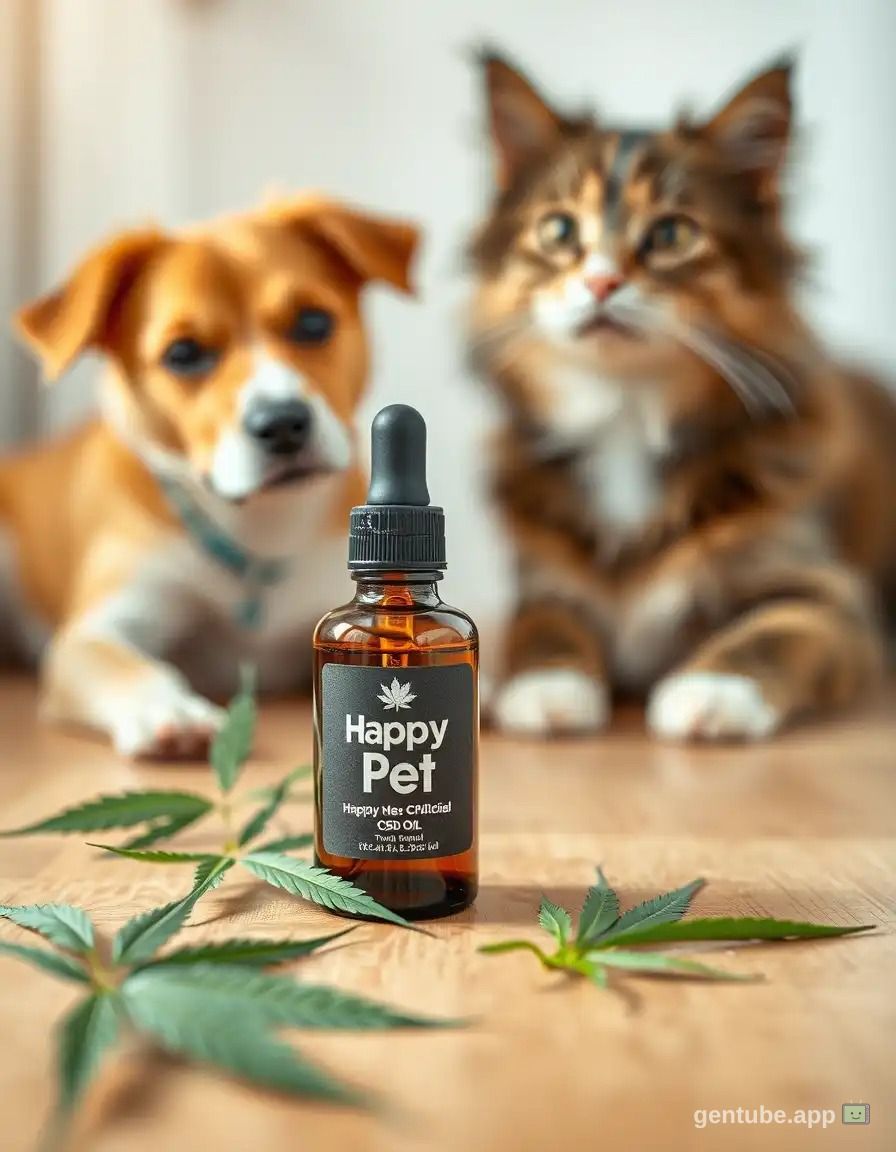 Ein Hund und eine Kate im Hintergrund.Davor eine Flasche CBD und Hanfblätter