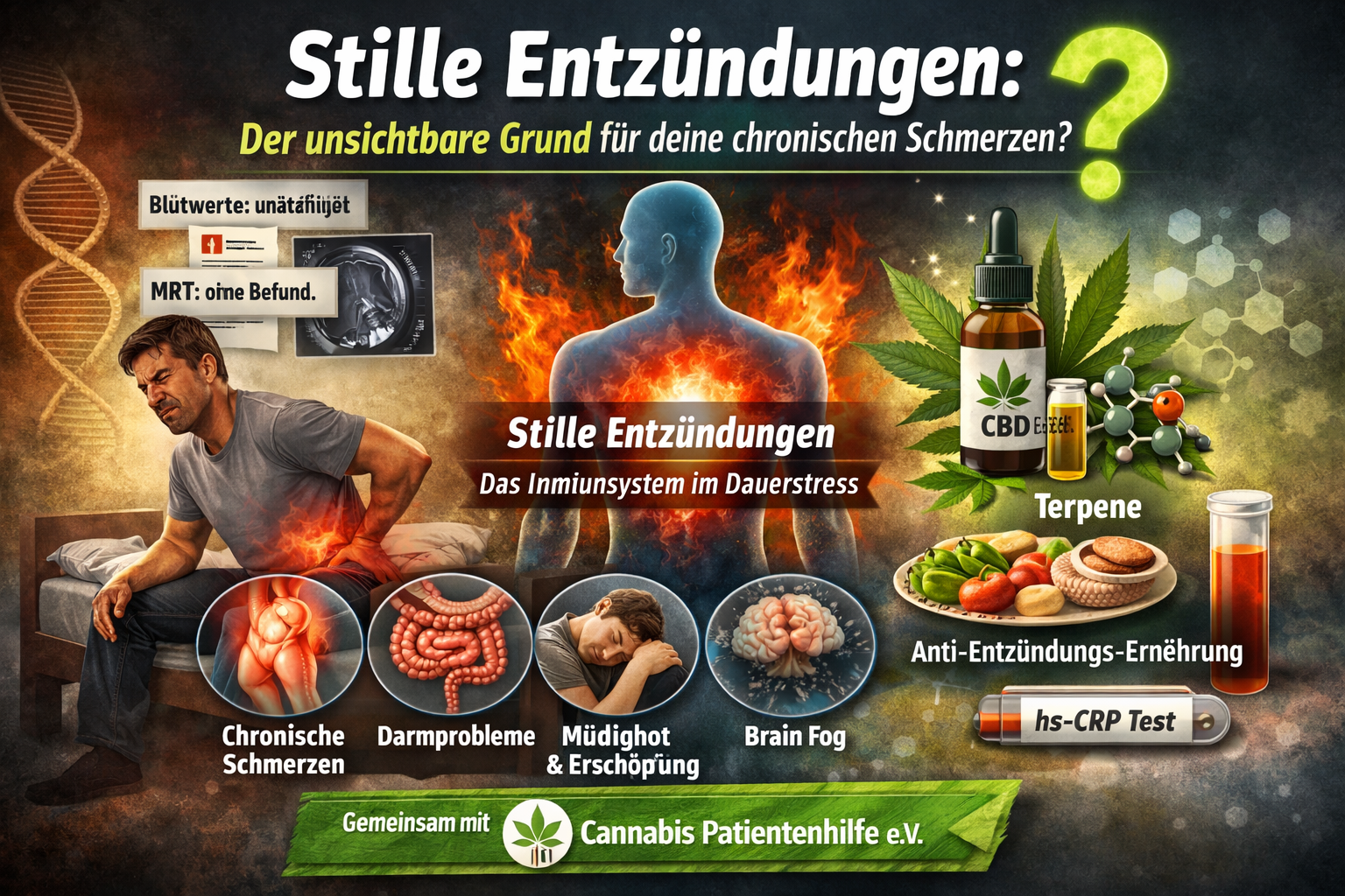 Infografik zu stillen Entzündungen als Ursache chronischer Schmerzen mit Endocannabinoid-System, Terpenen, Anti-Entzündungs-Ernährung und hs-CRP-Test