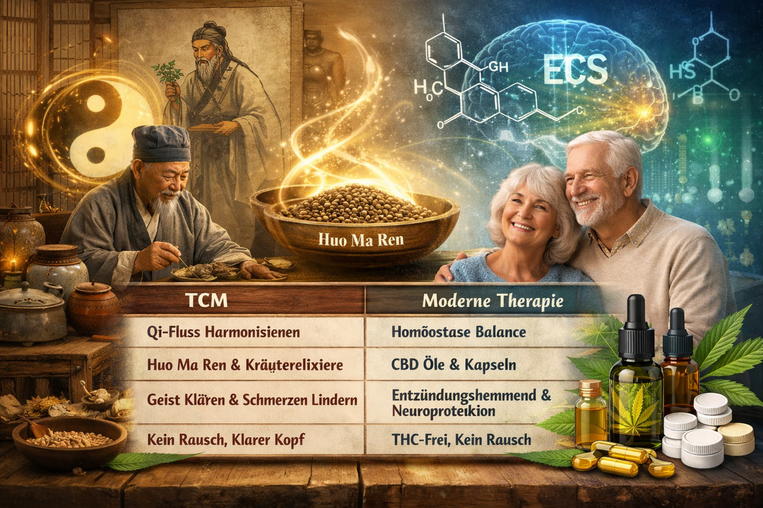 Illustration der Parallele zwischen TCM-Schmerztherapie und moderner CBD- und CBG-Anwendung bei Senioren, mit Darstellung von Qi-Harmonisierung und Endocannabinoid-System ohne Rausch.