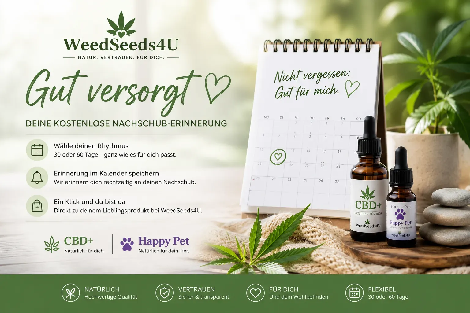 Gut versorgt Nachschub-Erinnerung von WeedSeeds4U für CBD+ und Happy Pet mit Kalender