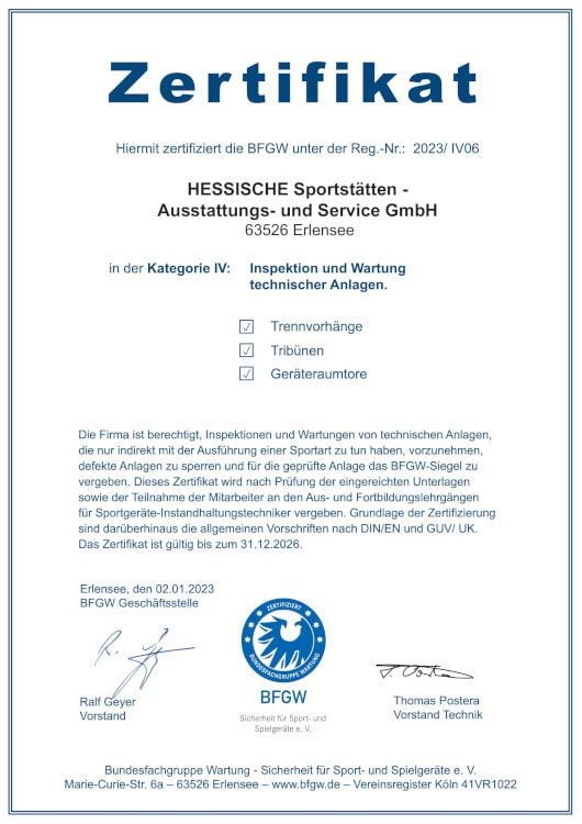 Zertifikat der BFGW für die Hessischen Sportstätten aus 2023