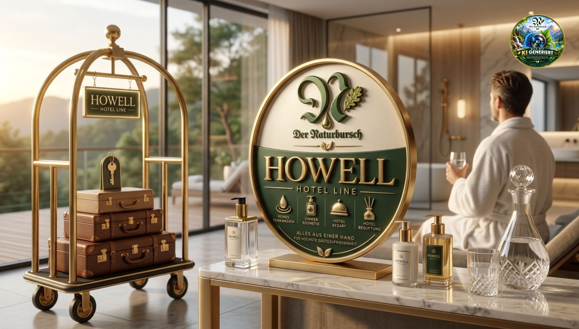 Premium-Hotelbedarf von HOWELL Hotel Line: Messing-Kofferwagen mit Gepäck, exklusive Hotelkosmetik,
