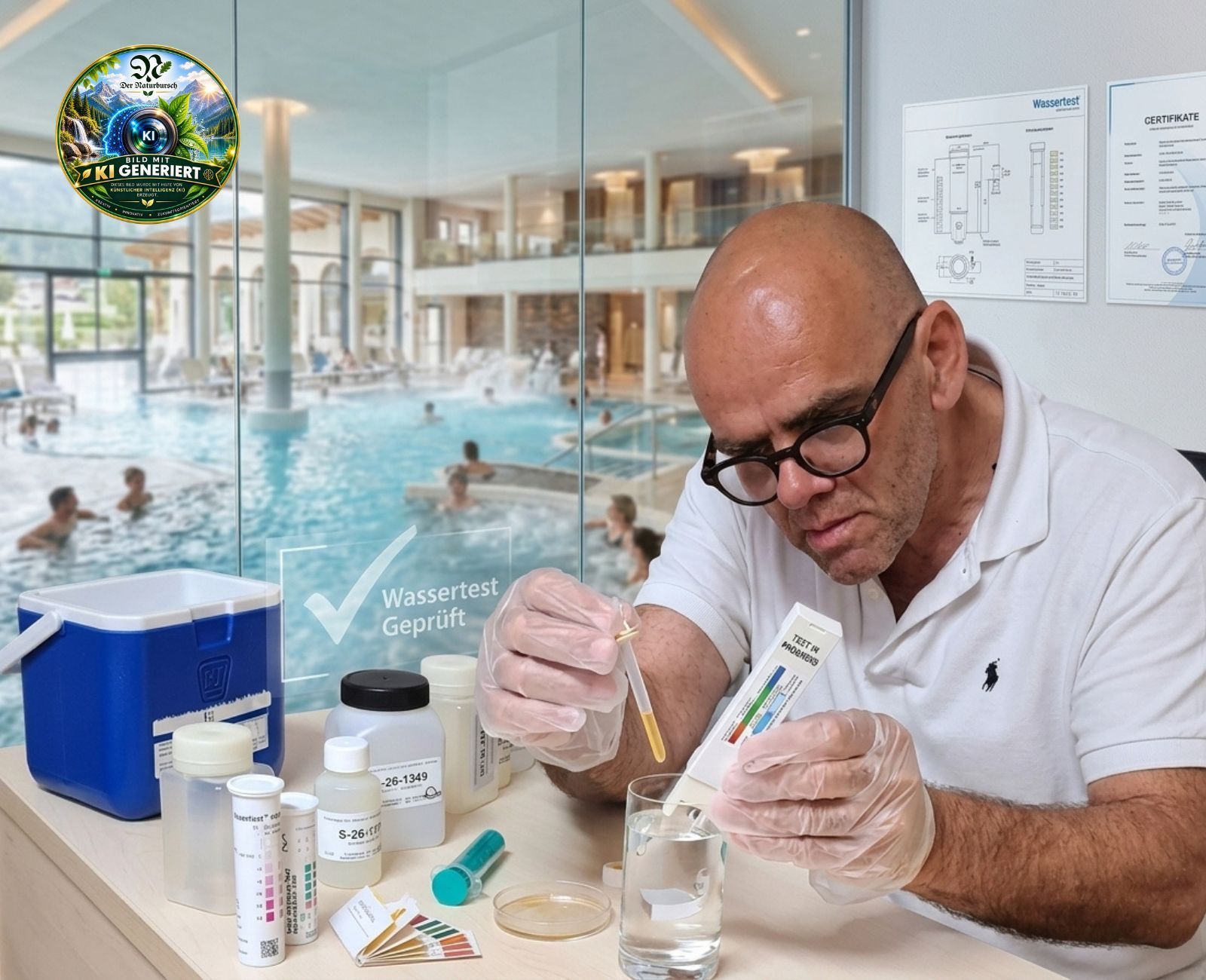 Mann testet Trinkwasser und Badwasser im Hotel - Badbereich