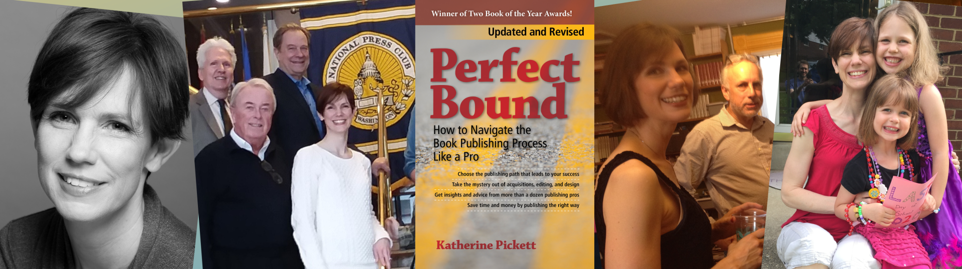 Banner showing a collage of pictures of Katherine Pickett and the cover of Perfect Bound