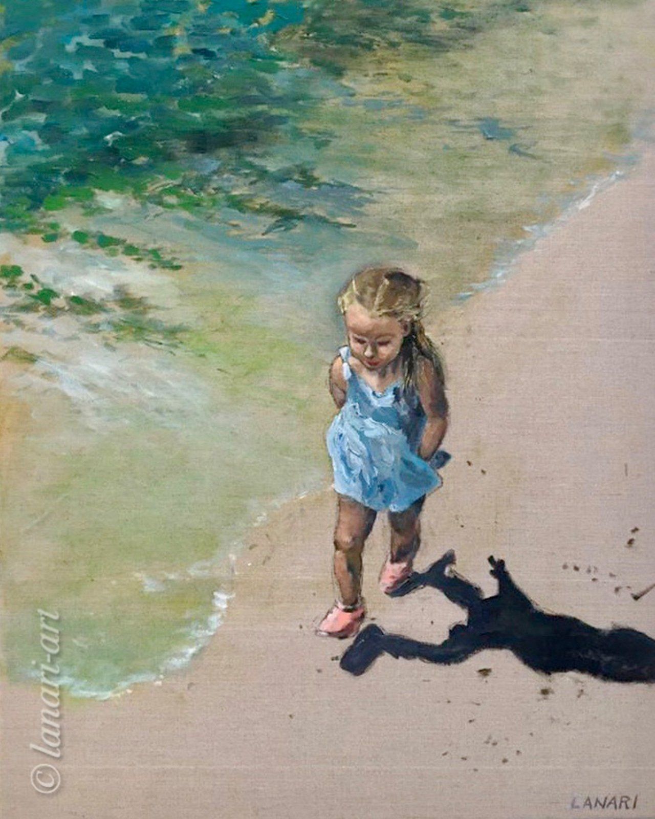 Ölbild auf bespanntem Keilrahmen von der Künstlerin Ilenia Lanari. Mit pastösen Pinselstriche wird ein Mädchen am Strand dargestellt. Lanari art oilpainting on canvas with beautiful colors