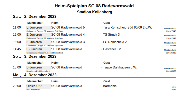Spielplan SC 08 Radevormwald, KW 47, Heimspiele, Kollenberg, Senioren, Jugend, Fussball, Verein, Sport, SC08