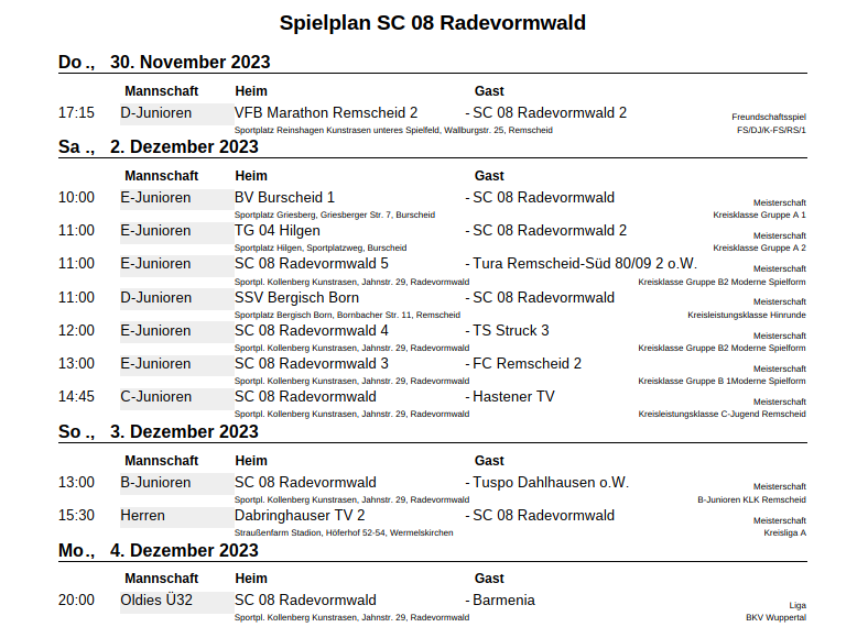 Spielplan SC 08 Radevormwald, KW 47, Heimspiele, Kollenberg, Senioren, Jugend, Fussball, Verein, Sport, SC08