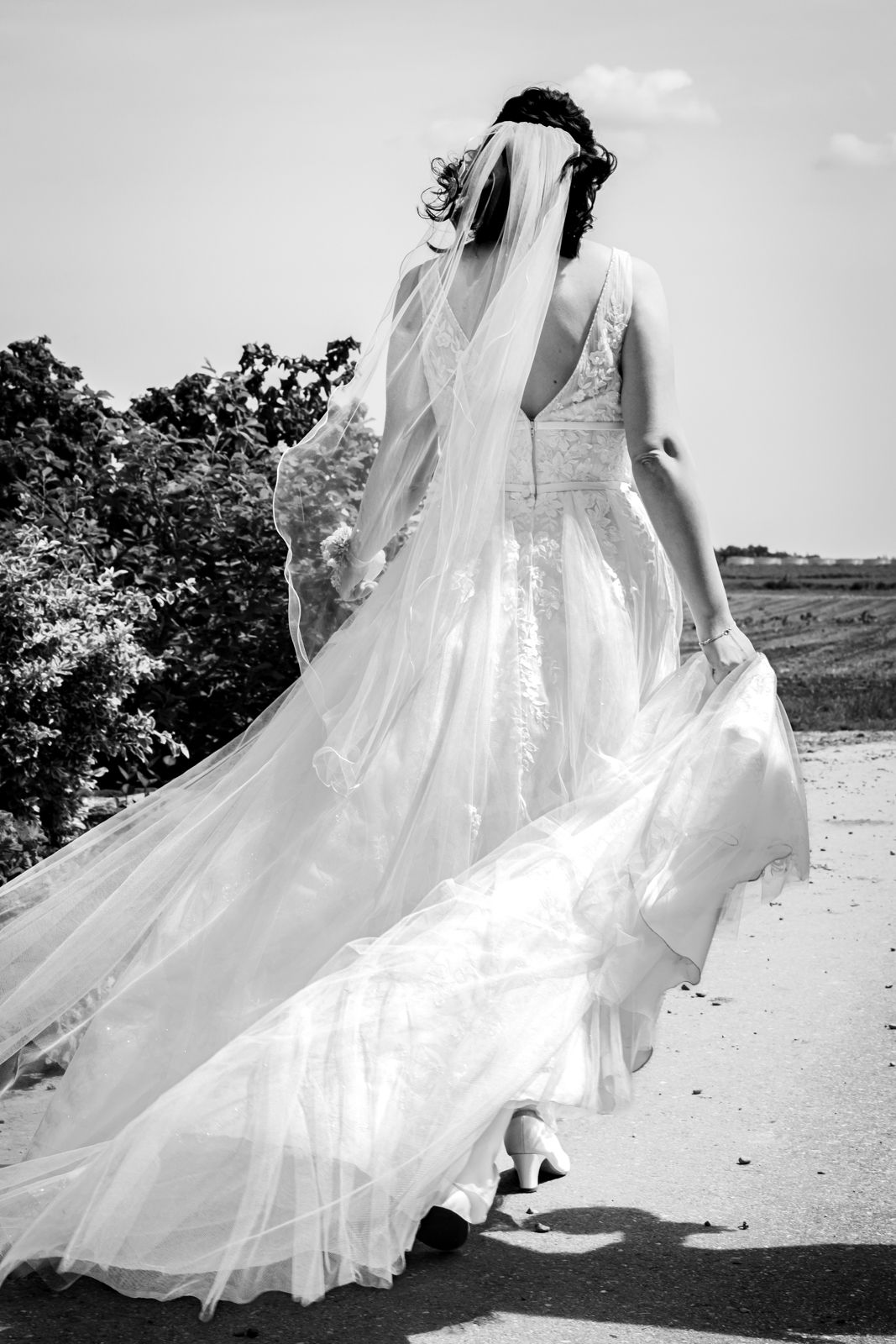 braut geht weg mit wehendem Kleid