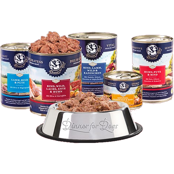 Das Bild zeigt die Frische-Menüs von Dinner for Dogs und einen gefüllten Fressnapf