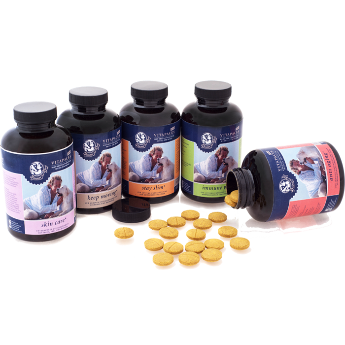 Das Bild zeigt die Sorten der Dinner for Dogs-Nahrungsergänzung