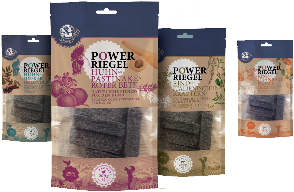 Das Bild zeigt verschiedene Leckerli aus dem Sortiment von Dinner for Dogs