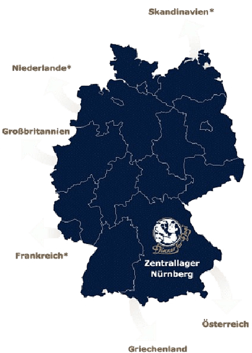Das Bild zeigt eine Grafik mit der Karte von Deutschland und den Landern, in die Dinner for Dogs liefert
