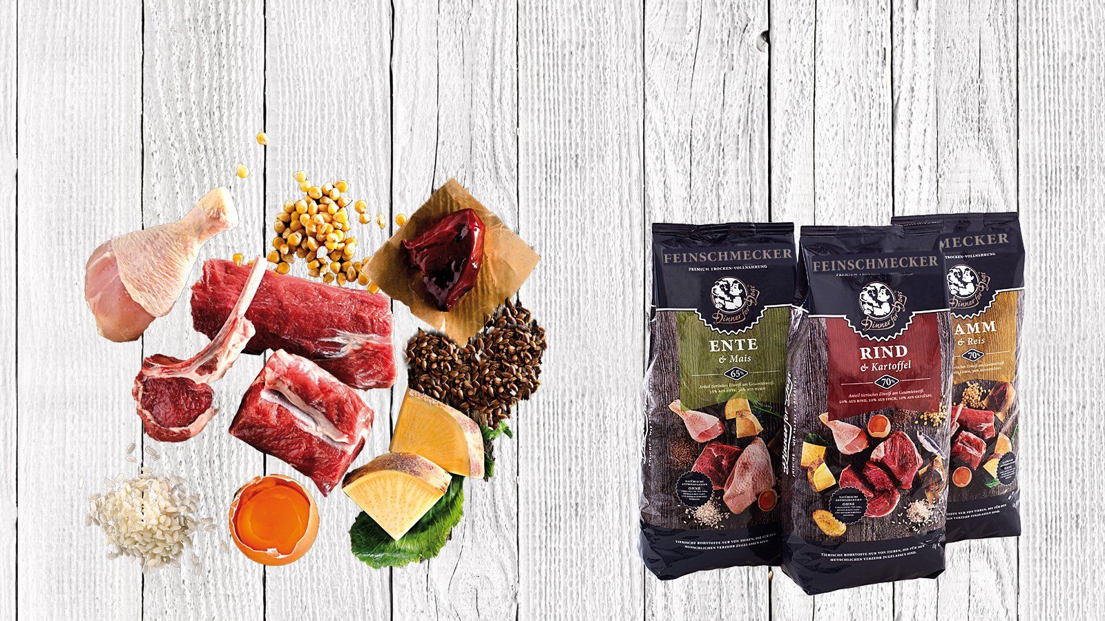 Das Bild zeigt die drei Sorten der Feinschmecker-Box von Dinner for Dogs