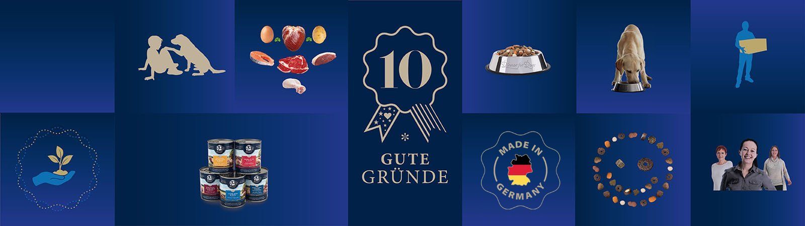 Das Bild zeigt per Symbol die 10 guten Gründe für Dinner for Dogs
