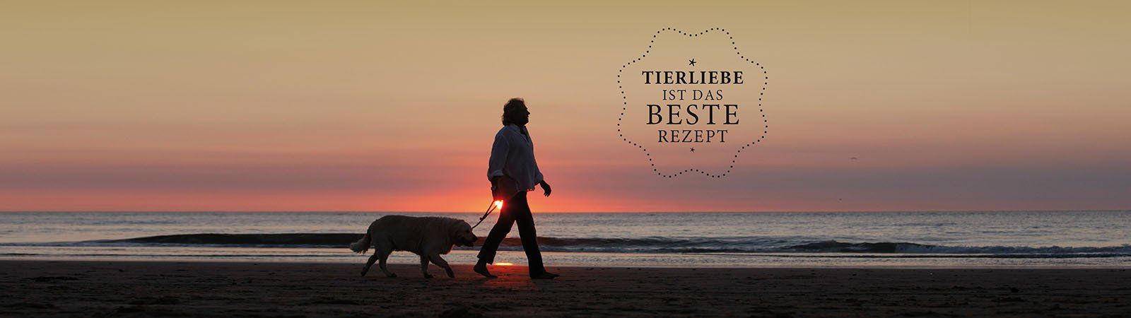 Das Bild zeigt den Geschäftsführer von Dinner for Dogs Frank Hertrich mit Hund am Strand