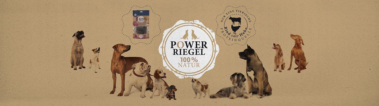Das Bild zeigt Werbung für die Powerriegel von Dinner for Dogs