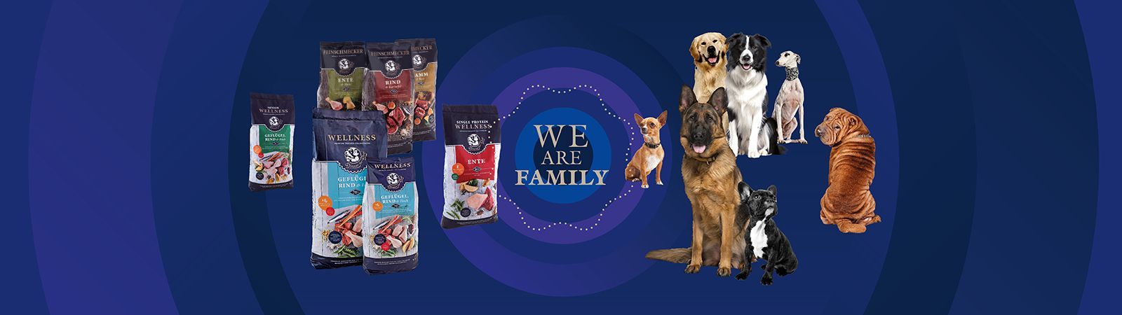 Das Bild zeigt verschiedene Hunde und die Trockennahrungssorten von Dinner for Dogs