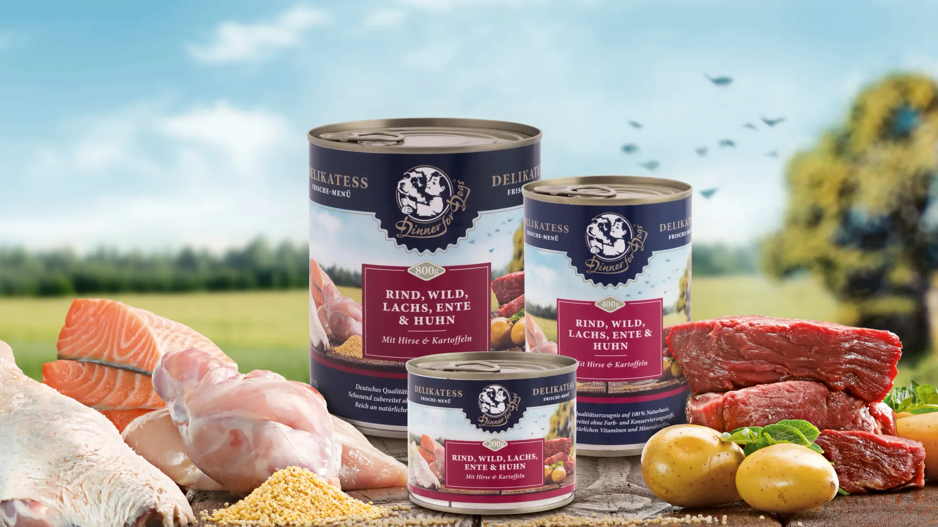 Das Bild zeigt die drei Dosengrößen unserer Frische-Menüs Delikatess