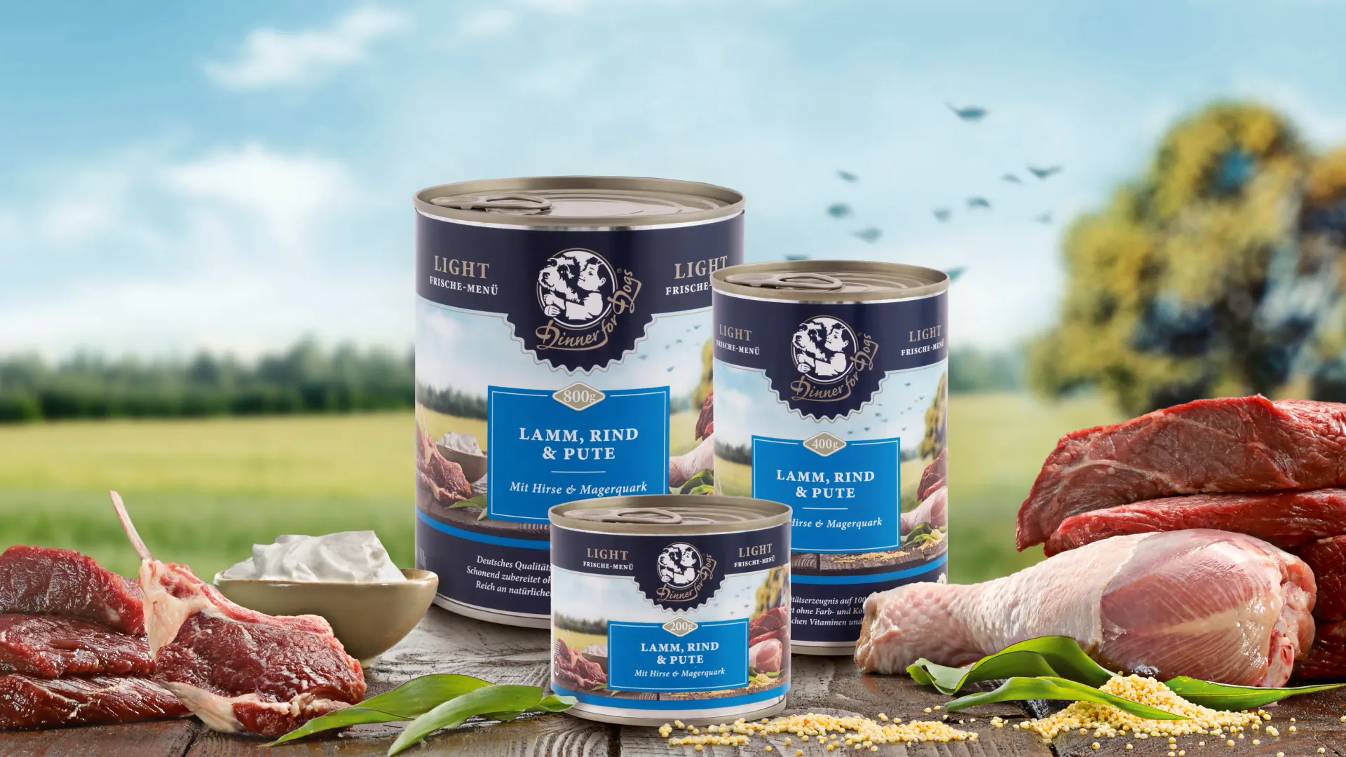 Das Bild zeigt die drei Dosengrößen unserer Frische-Menüs Light