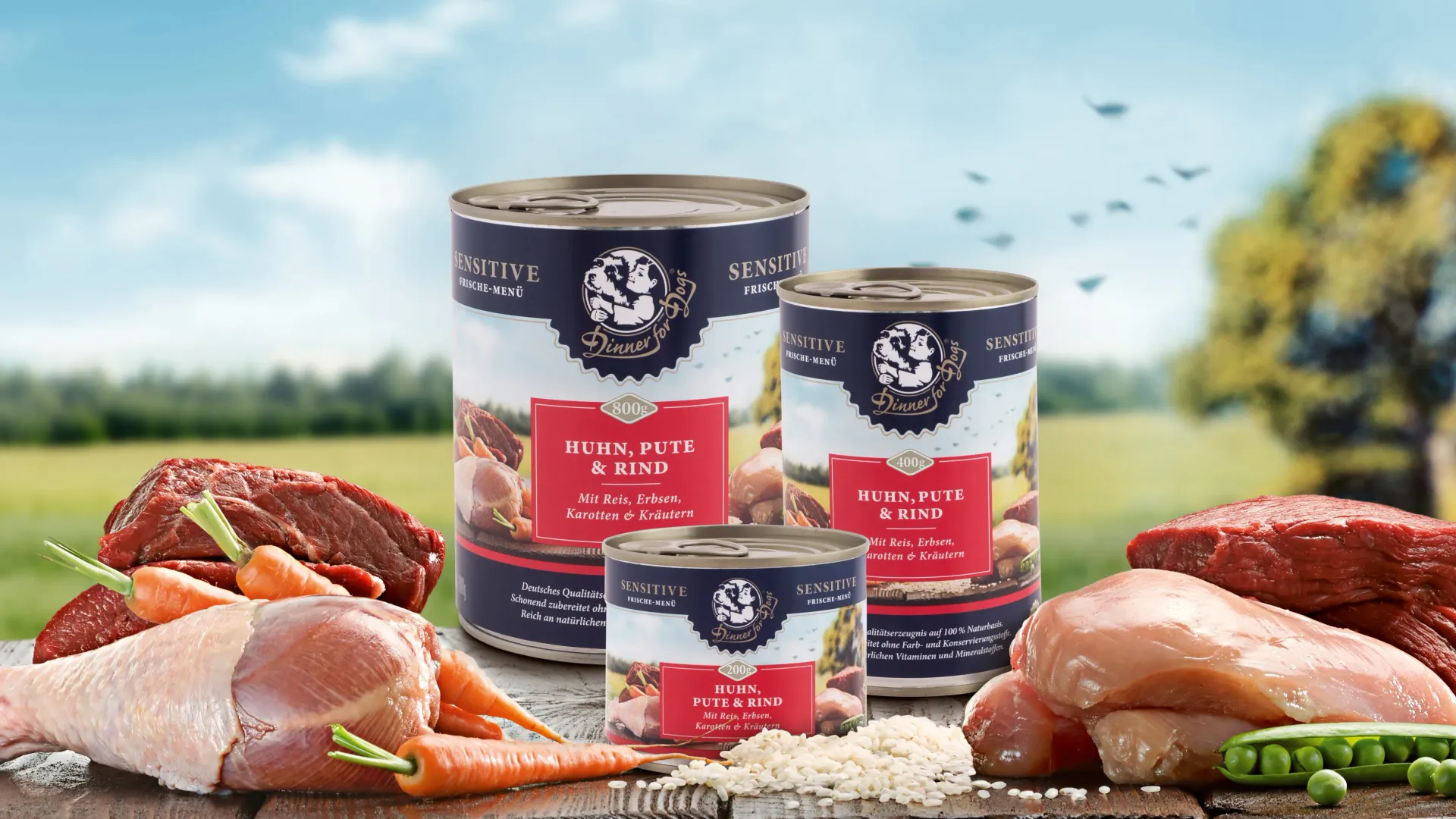 Das Bild zeigt die drei Dosengrößen unserer Frische-Menüs Sensitive