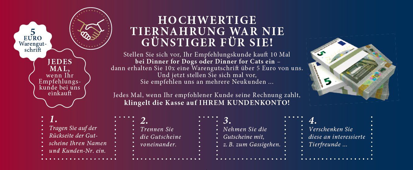 Das Bild zeigt verschiedene Informationen zum Kundenempfehlungssystem von Dinner for Dogs