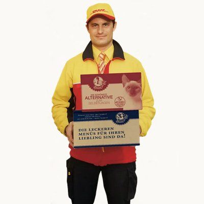 Das Bild zeigt einen Paketzusteller mit zwei Paketen in der Hand