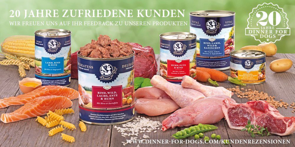 Das Bild zeigt die Frische-Menüs von Dinner for Dogs und einige Zerejalien