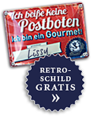 Das Bild zeigt das Blech Retro Schild, das Dinner for Dogs-Kunden an ihrer Haustür anbringen können.