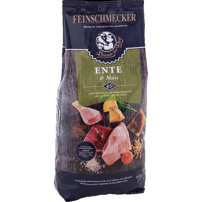 Das Bild zeigt eine Tüte Trockenfutter Feinschmecker Ente
