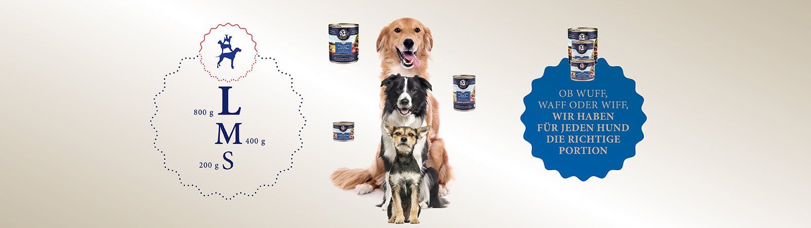 Das Bild zeigt verschiedene Hunde und die drei Größen der Frische-Menüs - 200g, 400g und 800g