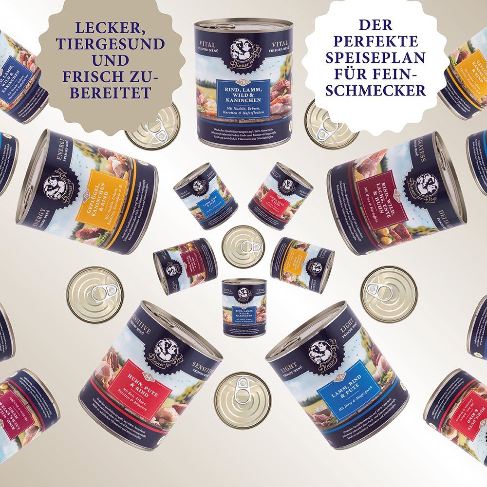 Das Bild zeigt eine Übersicht aller Frische-Menü-Dosen und dem Hinweis der perfekte Speiseplan