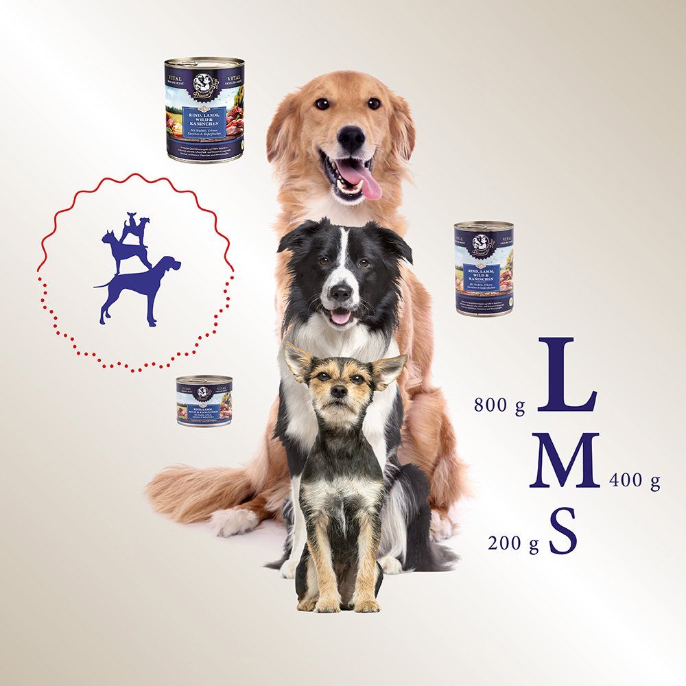 Das Bild zeigt verschiedene Hunde und die Dosengrößen 200, 400 und 800g