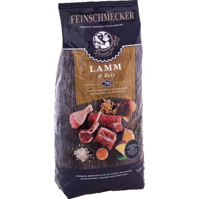 Das Bild zeigt die Tüte des Trockenfutter Lamm & Reis