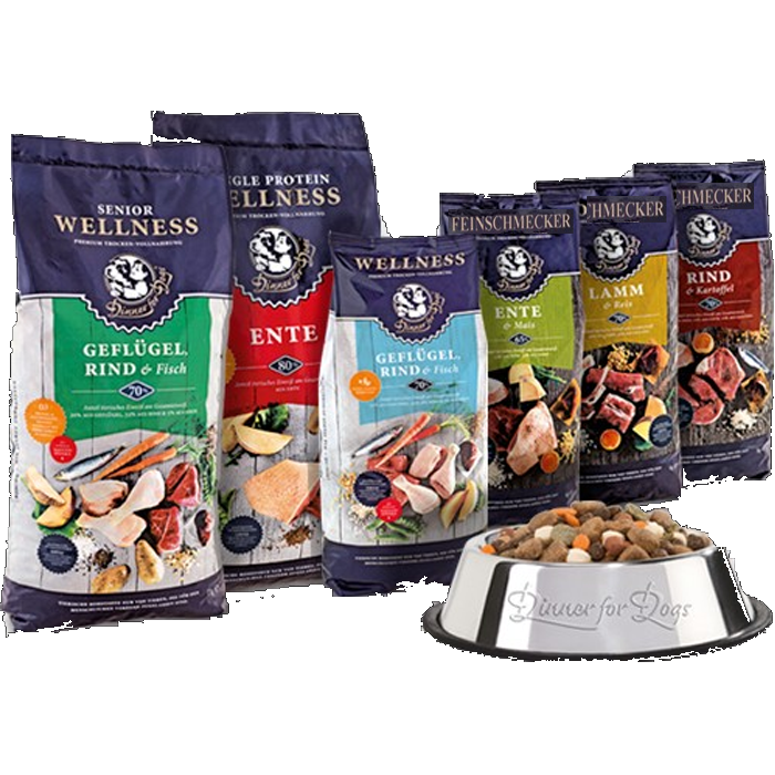 Das Bild zeigt die verschiedenen Trockennahrungssorten von Dinner for Dogs