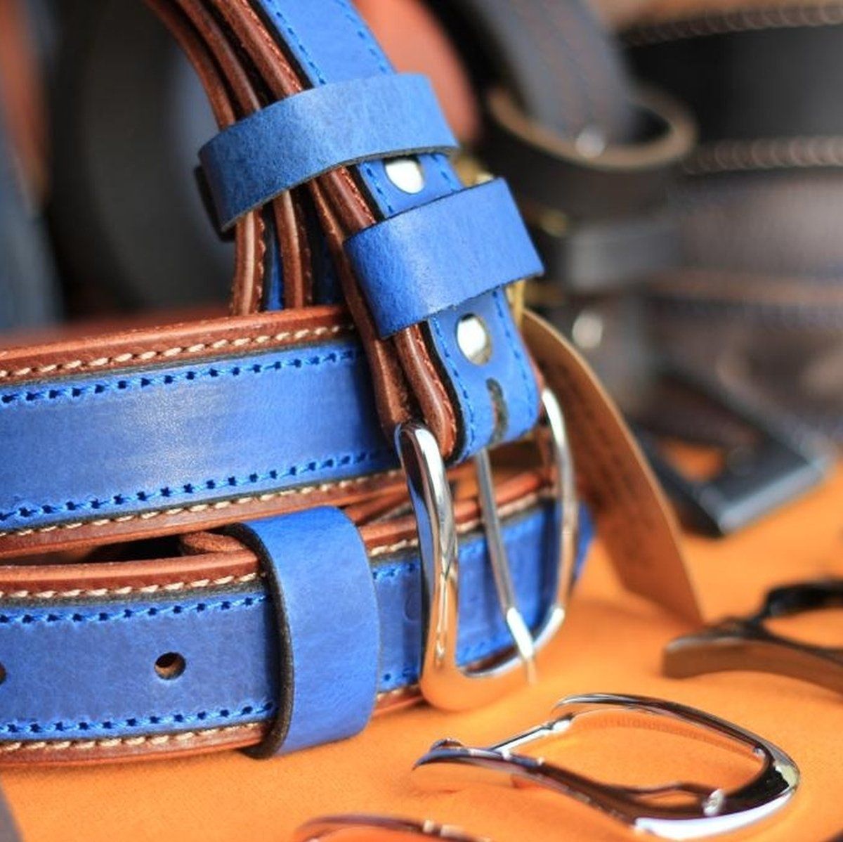 Ledergürtel doppelt Braun-Blau