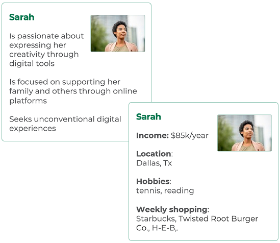 Group of five persona thumbnails. A UX persona and a marketing persona side by side for comparison.