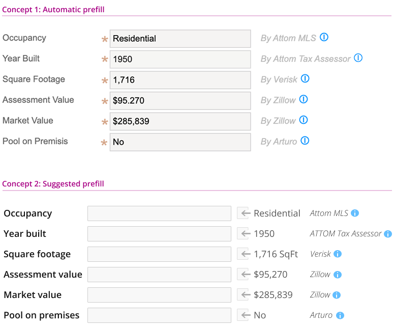 Samples from the automatic prefill and the suggested prefill concepts Samples of screens from the automatic prefill and the suggested prefill concepts for comparison