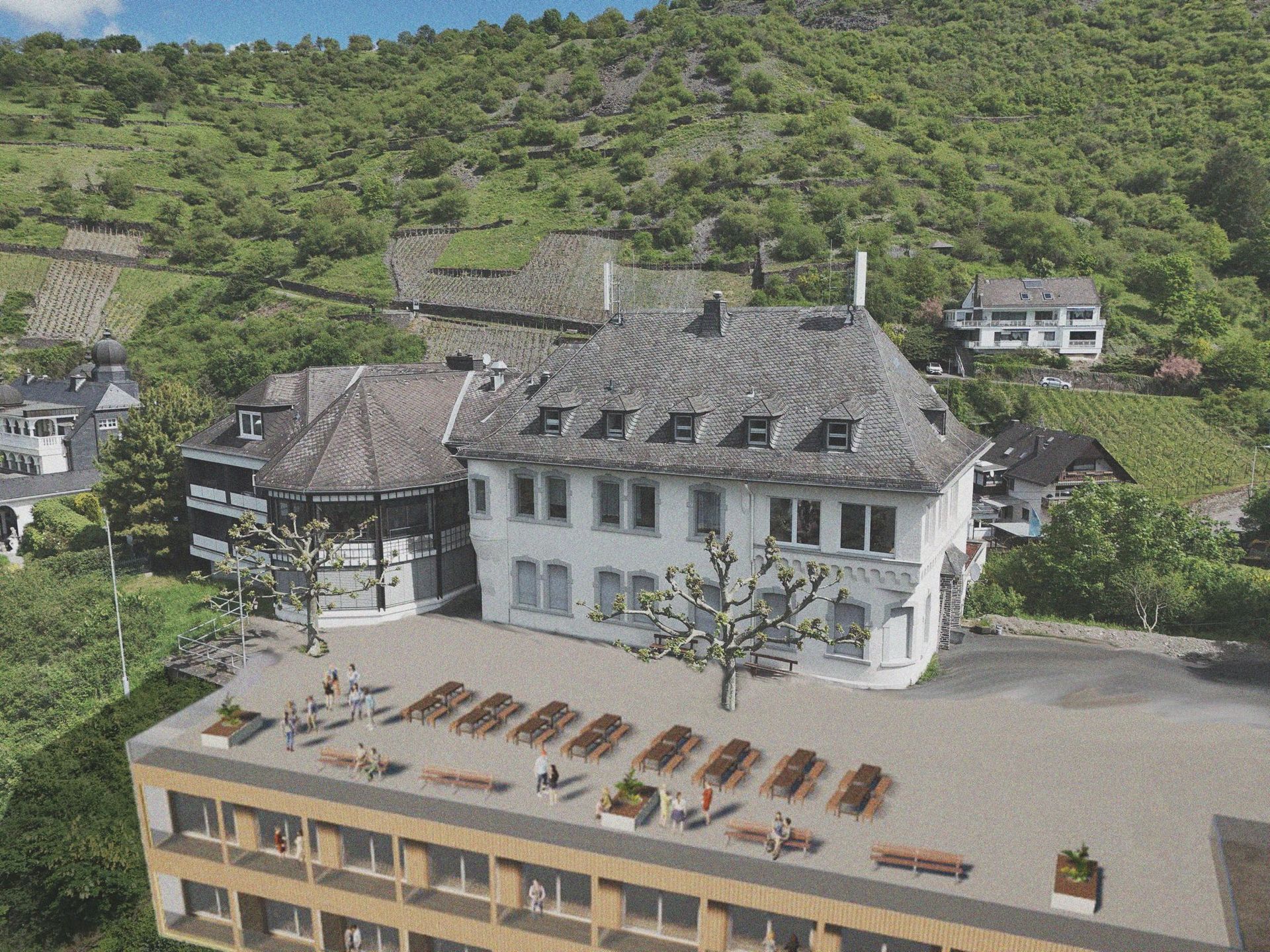 Ausbaupotential mit Rheinblick Visualisierung einer Terrassenerweiterung mit nochmal 10 Zimmern und 2 Veranstaltungsräumen.