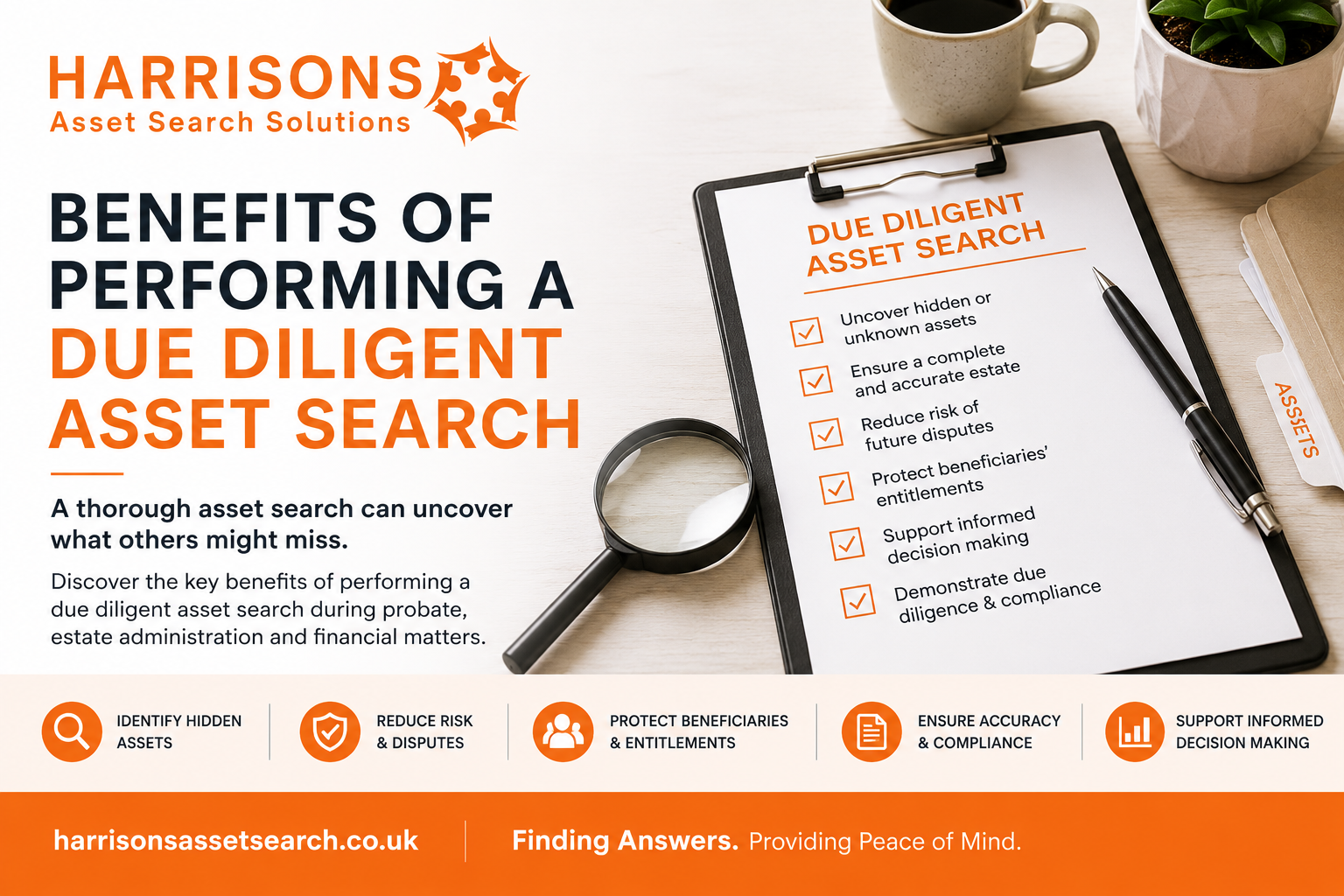 Harrisons benefits of performing a due diligent assest search graphic