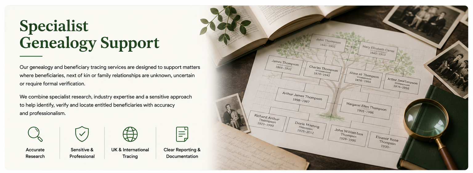 Harrisons genealogy and beneficiary tracing support graphic