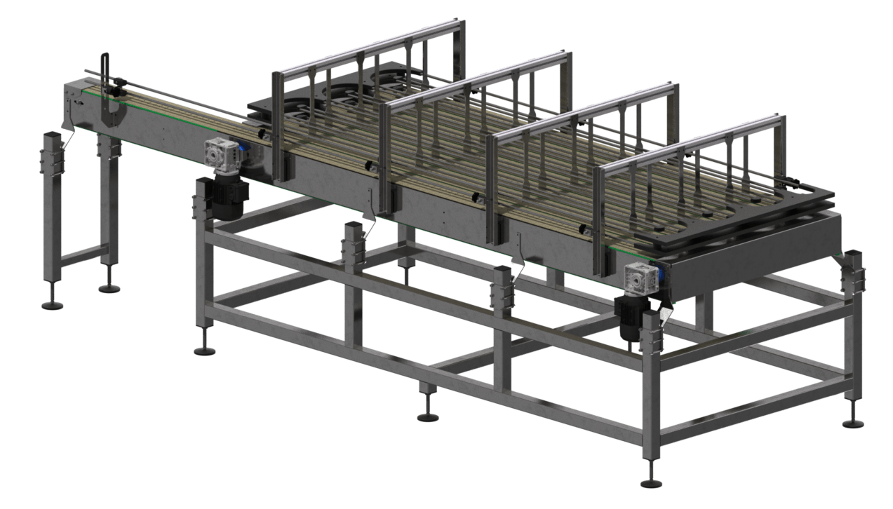 Linear bottle accumulation table OBTINDU Linear bottle accumulation table OBTINDU