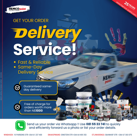 Hemco Paint delivery van – fast same-day delivery of paint, tools, and equipment across Namibia.