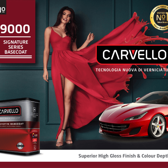 Carvello Direct-to-Metal Coating cans displayed at Hemco Paint store.