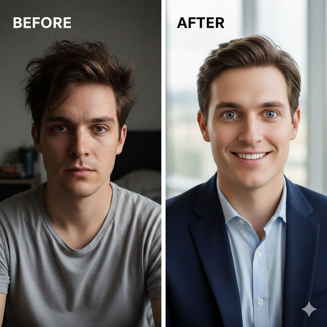 Side-by-side comparison of a casual smartphone selfie versus an AI-generated headshot image.
