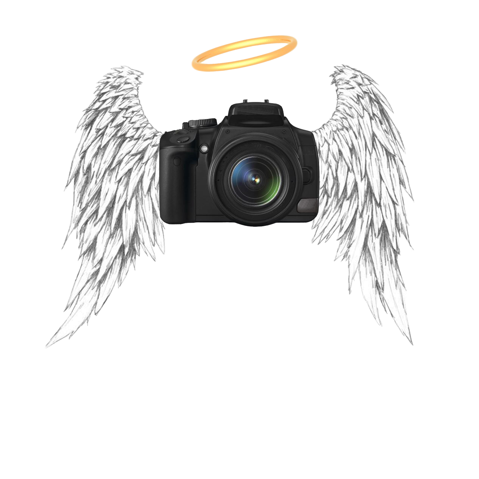 Angell Photography logo, a camera with angel wings and a halo