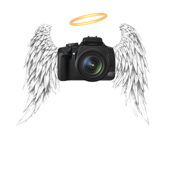 Angell Photography logo, a camera with angel wings and a halo
